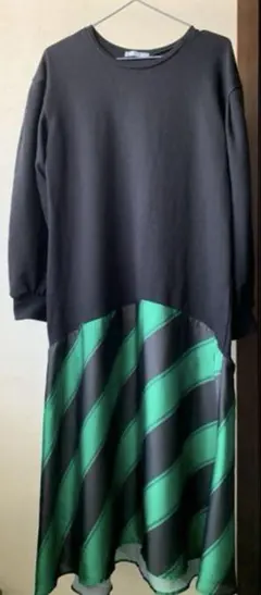 【ZARA】異素材切り替えワンピース　ブラック✖️グリーン