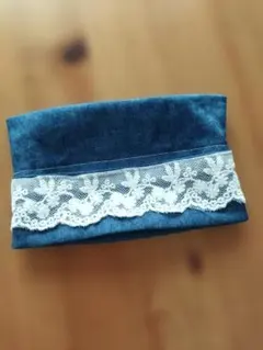 デニムブルー レース装飾ティッシュケース　ハンドメイド