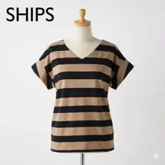 【美品】SHIPS シップス Vネック フレンチスリーブ ボーダーカットソーのサムネイル