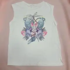 鳥と花プリント ノースリーブ カットソー Mサイズ