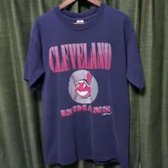 90s US古着　MLBインディアンス　ハーフジップフリース　M ネイビー　刺繍 100028728-1.jpg