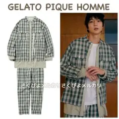 新品未使用　ジェラートピケオム　重ね着風チェック柄パジャマ　上下セット　グリーン