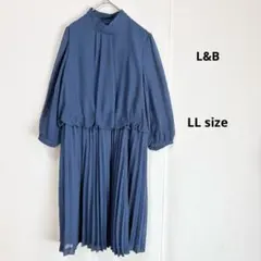 L&B シアーワンピース　LL プリーツ　長袖　ブルー　ハイネック　大きいサイズ