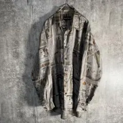 一点物　 総柄シャツ L 90s レトロ柄 ビッグシルエット 光沢　ポリシャツ