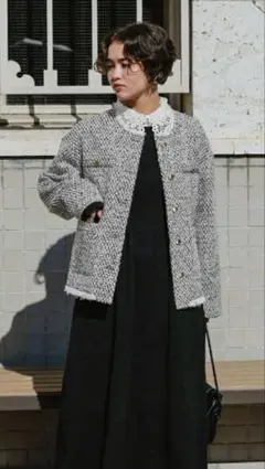 【titivate】ミックスツイード生地 ノーカラージャケット 大きめM グレー