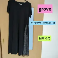 grove 半袖ワンピース MブラックTシャツワンピース黒無地サイド花柄プリーツのサムネイル