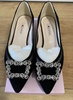 DIANA ビジュー付きフラットシューズ 25cm ブラック