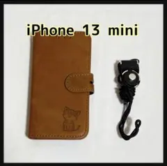 iPhone 13 mini ケース 手帳型 猫 ブラウン ストラップ付き