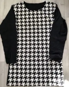 【タグ付き】千鳥格子柄長袖ワンピースチュニックブラック