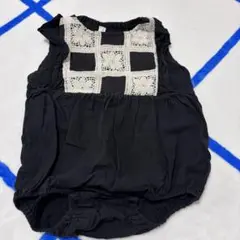 ロンパース 黒 ブラック 刺繍 花 80 綿 夏