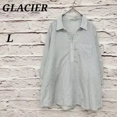 グラシア 【L】 スキッパーブラウス 七分袖シャツ ストライプ 袖丈2WAY