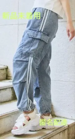 デニムカーゴパンツ ライトブルー サイドストライプ