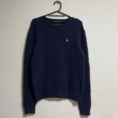 ラルフローレン コットン 白ポニー刺繍 ケーブル ニット ネイビー
