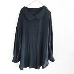 黒　七分袖　ブラウス　パフスリーブ　丸襟　シアー　ゆったり　ドロップショルダー