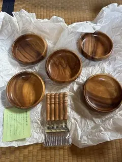 【未使用】漆器5枚 フォーク5本