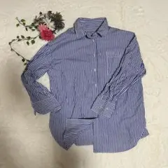 ストライプシャツ　ブラウス　レディース M 綿100% ブルーa709