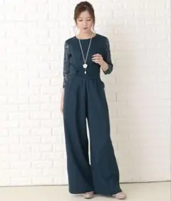 レース七分袖ワイドレッグパンツドレス　オールインワン　M