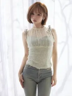 トップス andmary Paula lacey chiffon tops Blue ANDMARY】Paula lacey chiffon tops