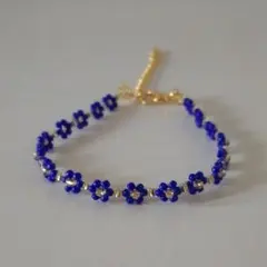 ビーズブレスレット 推し活 青 ブルー×ゴールド アクセサリー フラワー