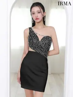 IRMA イルマ ワンショルダー ビジュー タイトミニドレス S ブラック