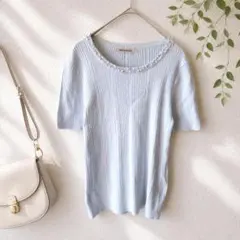 Z◇ミッシュマッシュ◇ 半袖ニット M 水色 パール ビジュー 綺麗め 大人のサムネイル