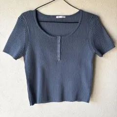 【美品】GU ジーユー リブヘンリーネックセーター 半袖 XL ブルー系