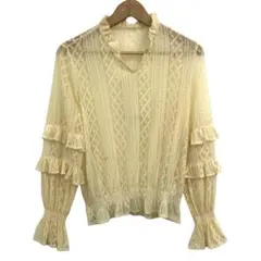 ブラウス　アイボリー　フリル付き長袖ブラウス レディース　Vネック　紐付き　M