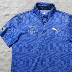 ●プーマゴルフ●ポロシャツ 半袖 M ブルー系 総柄 ワッペン ボタンダウン