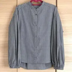 Dessin洗えるバルーンスリーブバンドカラーシャツ 03Lグレーストライププ