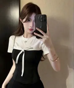 Dazy バイカラー リボン付き 半袖カットソー M