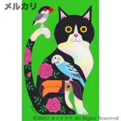 原画「ハチワレ猫と小鳥ブレーメン　黄緑」猫/文鳥/インコ/アート/絵画/イラスト