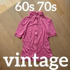 60s 70s ビンテージ　半袖シャツ 襟　ピンク 40 ロングラウンドカラーのサムネイル