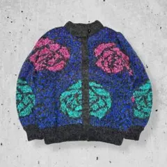 80sヴィンテージバラ柄ニットカーディガンブルゾンジャケット薔薇刺繍レトロ古着L