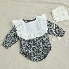 【ベビー】レーススタイ付き 花柄 ロンパース