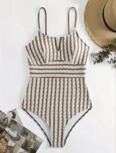 【水着】新品｜ストライプ柄 美Vネック ワンピース水着のサムネイル
