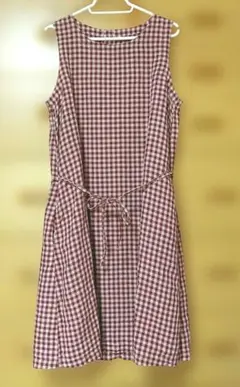 無印 リネン ギンガムチェック ワンピース ノースリーブ ナチュラル 森ガール