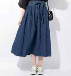 GU デニムギャザーフレアロングスカート ウエストリボン M