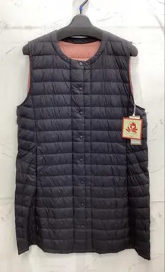 [T310]☆丈長ダウンベスト☆[ L/クロ]全開ホック掛け☆両ポケット付