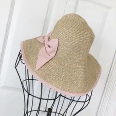新品　ピンクリボン　折り畳みストローハット