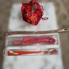 帯締めセット 赤・ピンク・オレンジ　花柄巾着