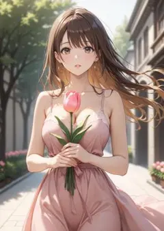 AIイラスト 女の子 ポスター A4 ワンピース 花 ロングヘア fw0085