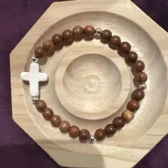 木製珠と白いクロスのブレスレット　16㎝　ハンドメイド