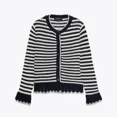 ZARA フリルストライプニットカーディガン　L ボーダー