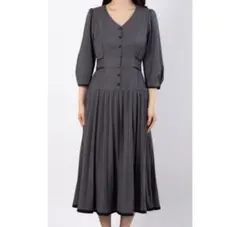 【Rirandture】配色プリーツレディワンピース グレー七分袖