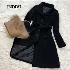 インディヴィ　アンゴラ ベルテッドコート　ロングコート　ウール　ブラック　黒　S