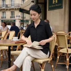 アニエスベー　ブラウス　シワ加工　半袖　ブラック　コットン　シャツ　黒