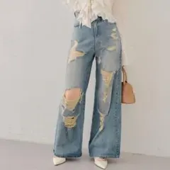 Chico ダメージワイドデニムパンツ　ブルー　0サイズ
