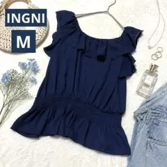 イング ノースリーブ ブラウス フリル ネイビー 紺色 夏 M INGNI 絞り