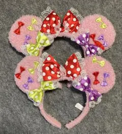 ディズニー カチューシャ ミニー リボン フリル カラフル　水玉　ピンク　紫赤