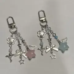ビーズキーホルダー ピンク 水色 韓国 ウィッシュコア 星 羽 リボン
